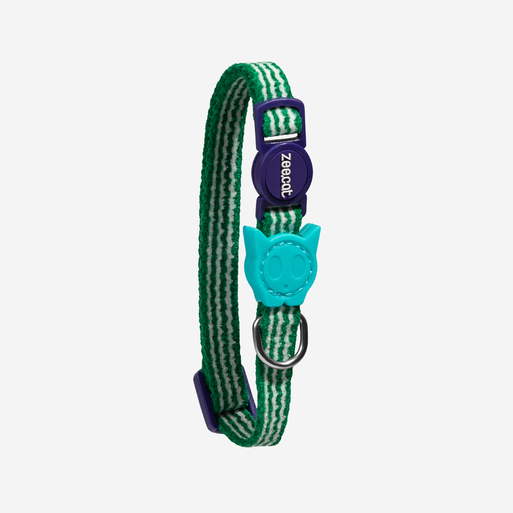 Cat Collar del diseño Vert, en cinta verde con rayas blancas y cabeza de gato turquesa