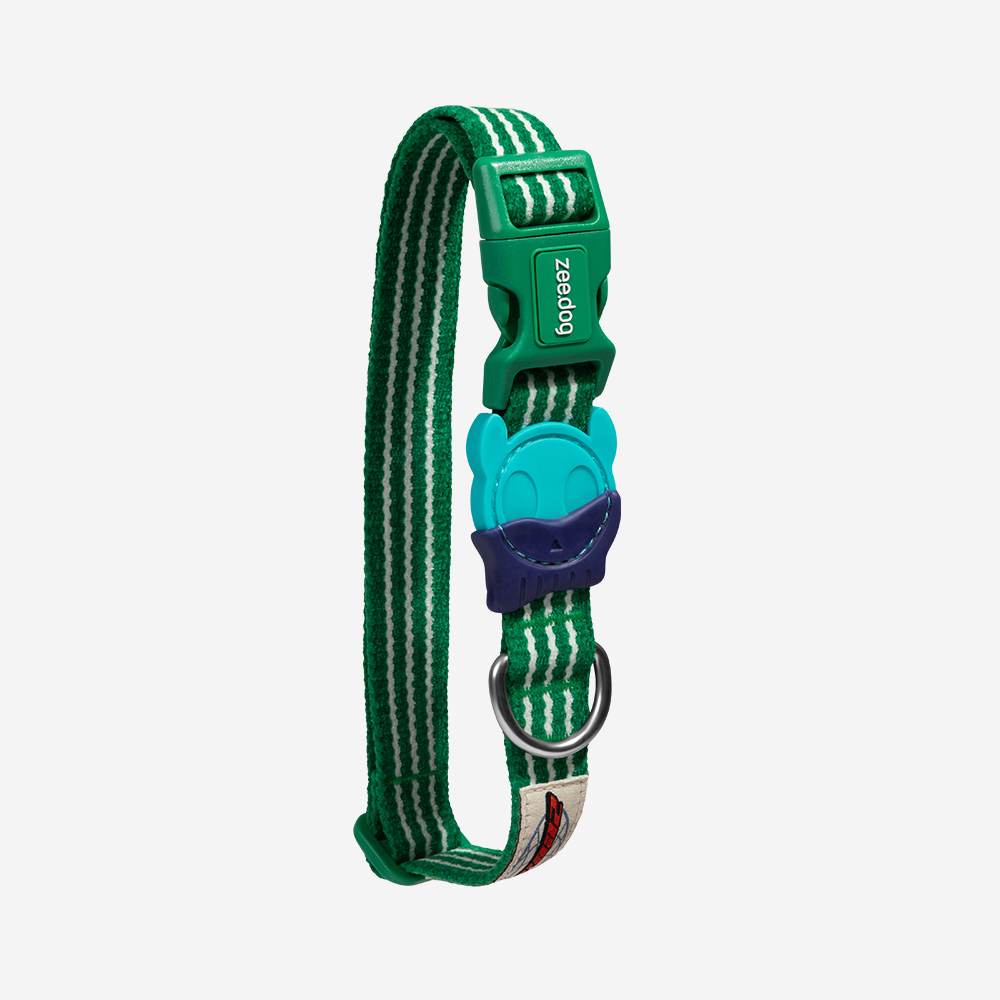 Collar del diseño Vert, en cinta verde con rayas blancas y medallón turquesa